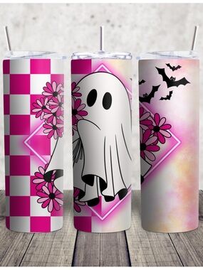Hand Crafted Pink & White Ghost Floral Skinny Tumbler